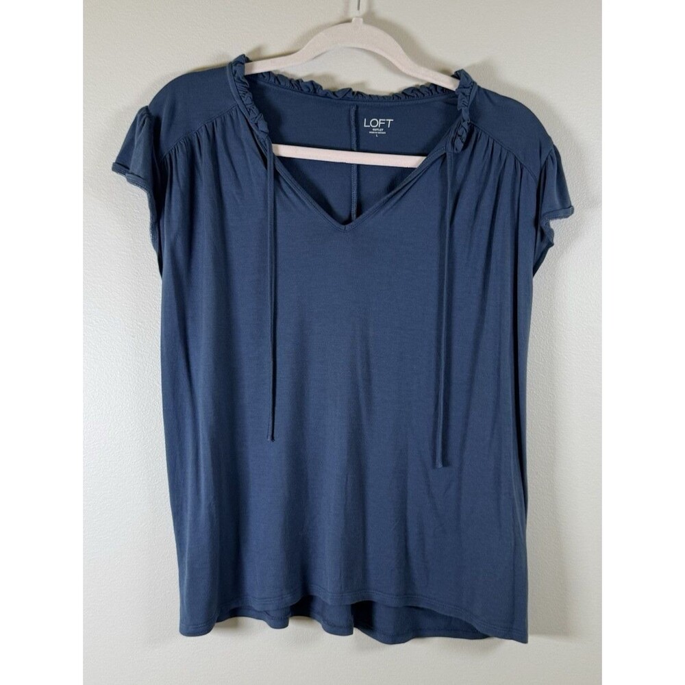 LOFT Outlet Womens Blue Solid V-Neck Ruffle Flutter Sleeve Blouse - L